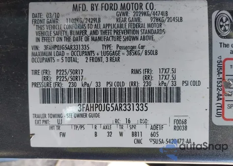 2010 Ford Fusion Sel из США, поврежденный, VIN 3FAHP0JG5AR331335